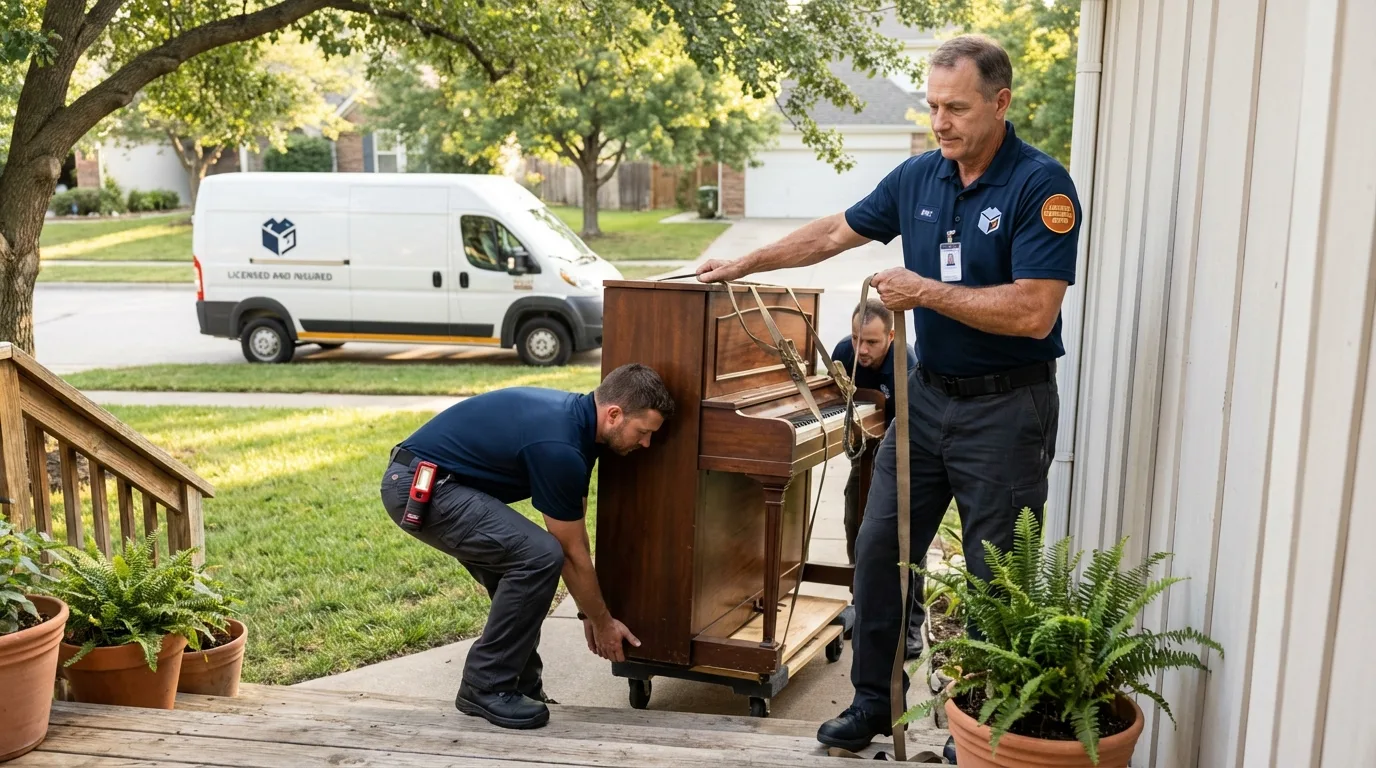 Licensed piano movers securing grand piano in Red Oak, IA