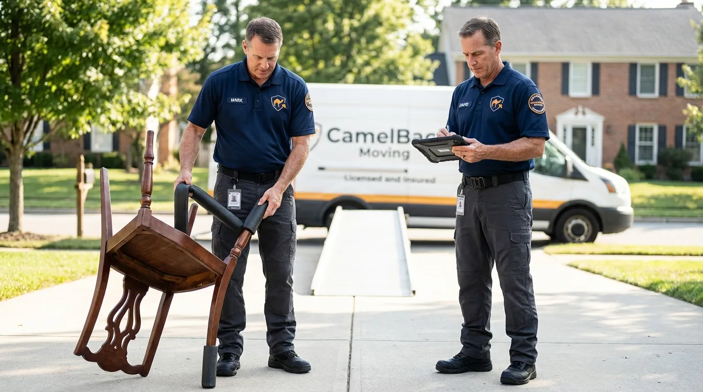 Movers inspecting furniture for damage prevention before loading in Red Oak, IA